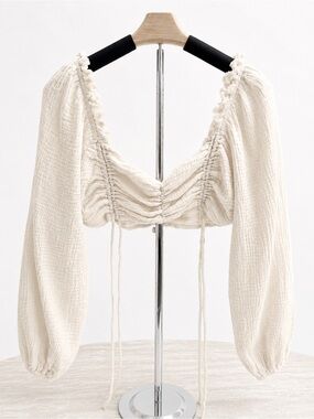 Beige Botany Cotton Gauze Crop Top Boho Peasant Balloon Sleeve M